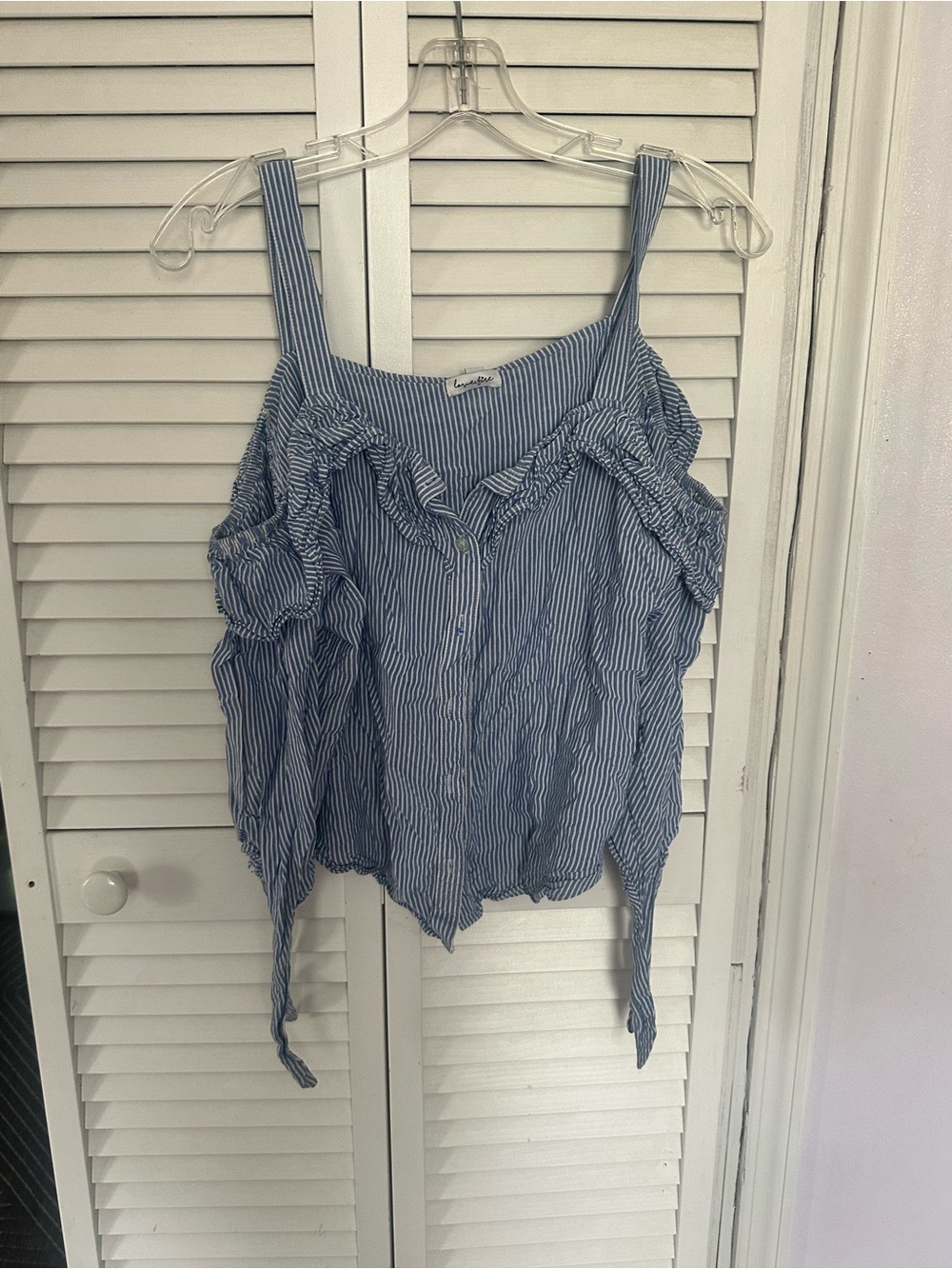 Striped Blue Cold-Shoulder Button-Front Women’s Top